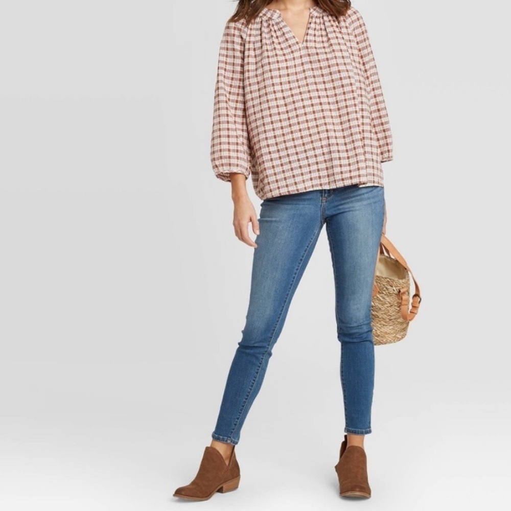 Universal Thread Plaid V-Neck Boho Peasant Blouse Size Extra Small - Picture 4 of 16
